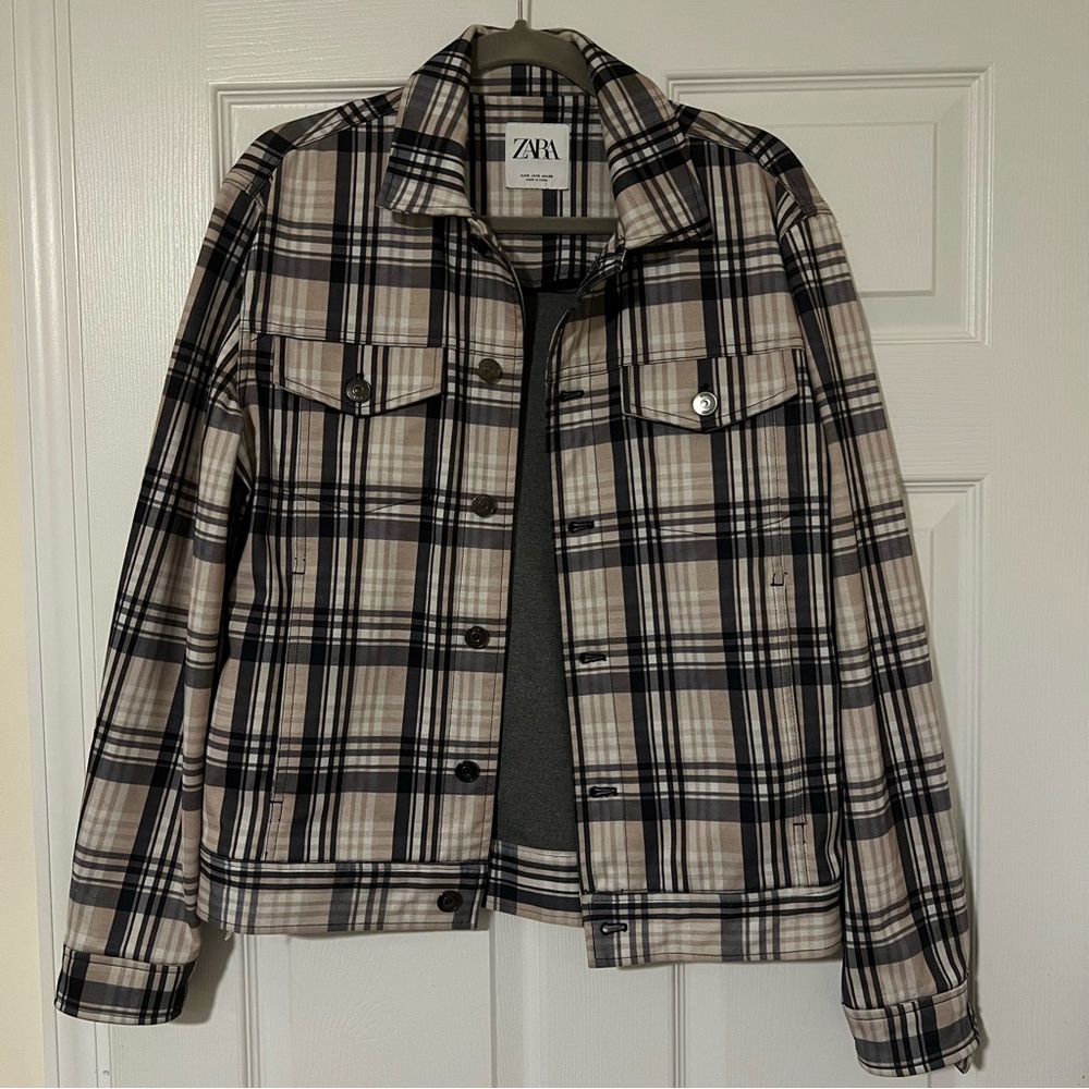 Zara Mens Small Plaid Stretch Trucker Style Jacket Beige Tan Gray Button Casual
